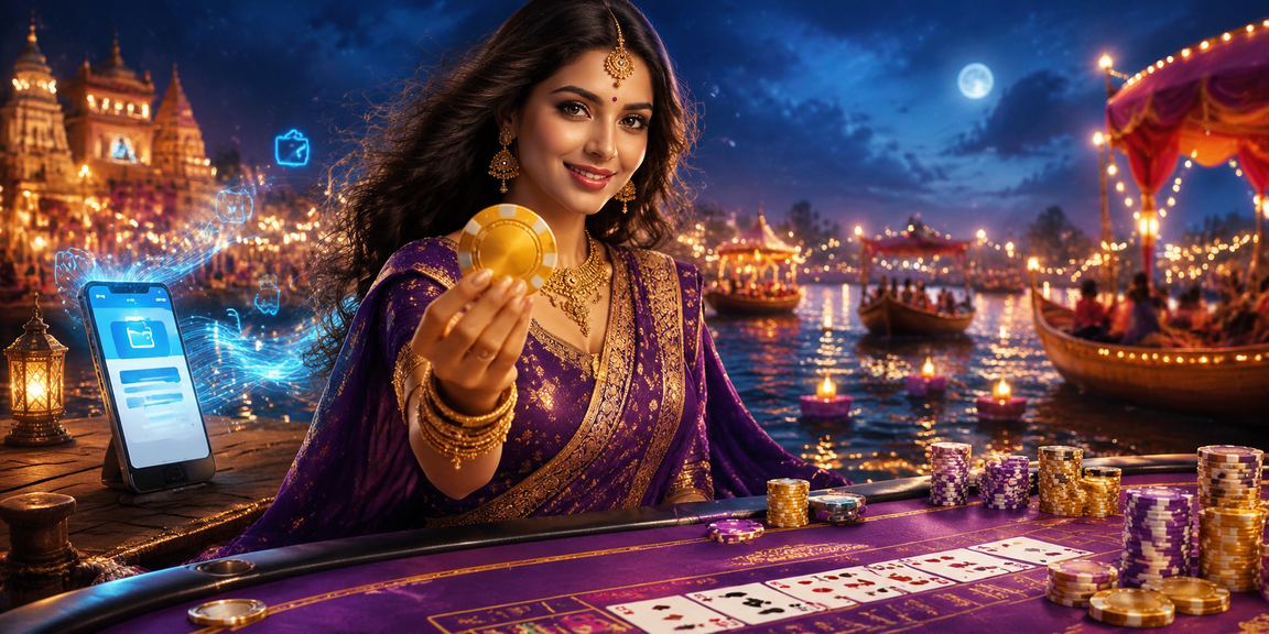 Vibrant Indian night market with baccarat players and lively neon lights